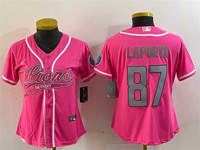 Women%27s Detroit Lions #87 Sam LaPorta Pink With Patch Cool Base Stitched Baseball Jersey(Run Small)